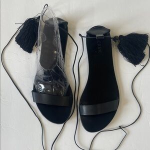 J. Crew Black Leather Tassel Wrap Sandals